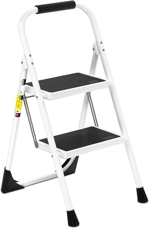 Photo 1 of Step Ladder EFFIELER 2 Step Stool Ergonomic Folding Step Stool with Wide Anti-Slip Pedal 430 lbs Sturdy Step Stool for Adults Multi-Use for Household, Kitchen, Office (Matte White)
