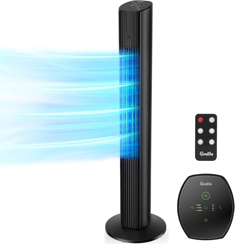 Photo 1 of Grelife 36'' Tower Fan with Remote, 75° Oscillating Fan, Bladeless 3 Modes, Speeds, LED Display Auto Off, Quiet Cooling 12H Timer for Bedroom Living Room Office, Black
