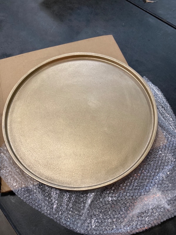 Photo 2 of RM ROOMERS 15 inch Worn Round Gold Tray, Gold Decorative Tray for Coffee Table, Round Gold Serving Tray, Round Wooden Trays for Decor, Large Round Table Tray for Rustic Home Decor 15'' Antiquegold 15"D x ¾"H