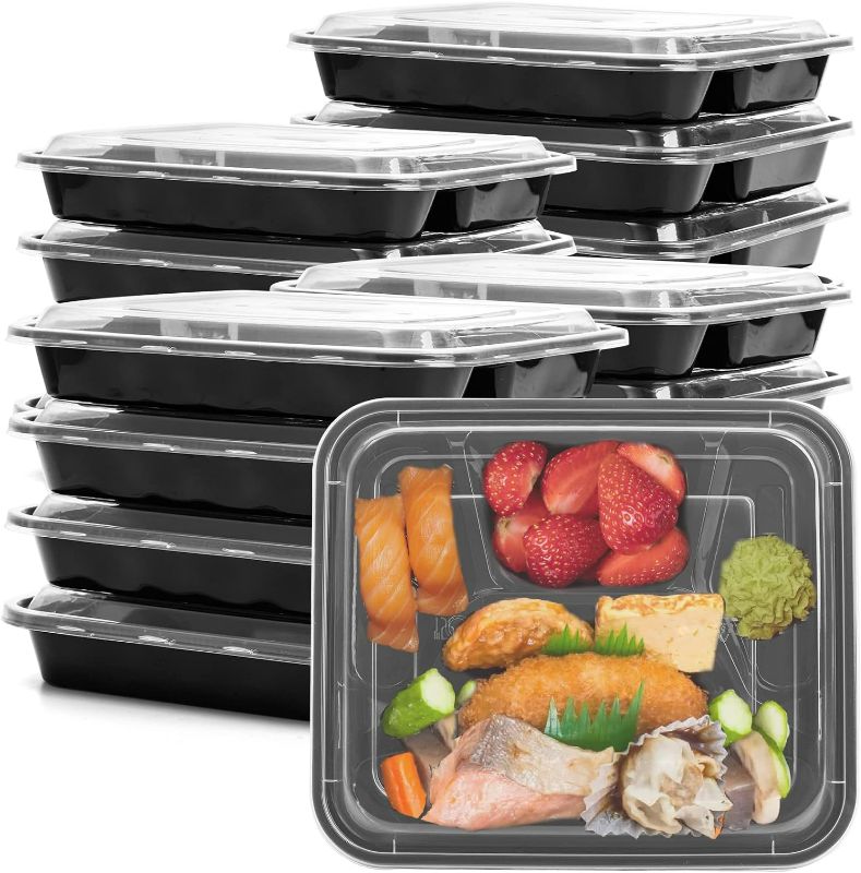 Photo 1 of Tosnail 30 Pack 32oz 4 Compartment Plastic Meal Prep Containers with Clear Lids, Plastic Food Storage Containers Bento Box, Stackable, Reusable, Microwaveable & Dishwasher Safe - Black
