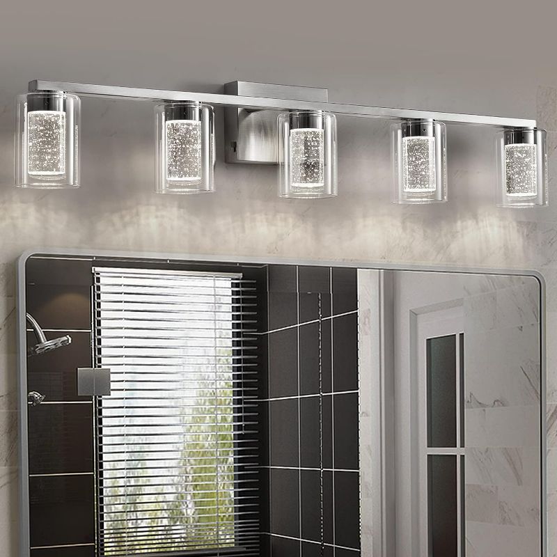Photo 1 of SADENICEL 5 Light Bathroom Light Fixtures, Brushed Nickel Vanity Lights Crystal Dimmable LED White/Neutral/Warm Bathroom Lights Over Mirror for Bathroom, Bedroom,Living Room (5 Light)