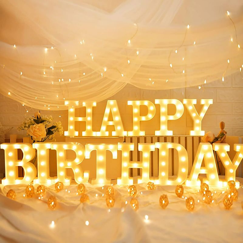 Photo 1 of GPUSFAK 155 Bulbs Happy Birthday Marquee Light Up Letters - LED Letter Number Light Sign Decoration for Birthday Home Table Decor White
