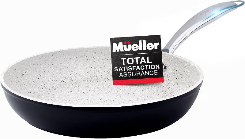 Photo 1 of Mueller HealthyStone 10-Inch Fry Pan, Heavy Duty Non-Stick German Stone Coating Cookware, Aluminum Body, Even Heat Distribution, No PFOA or APEO, EverCool Stainless Steel Handle, Black
