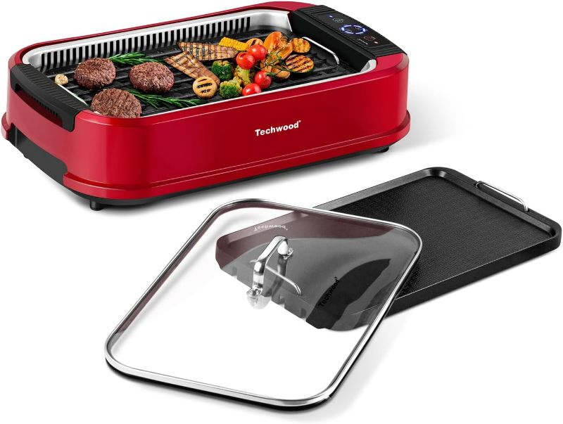 Photo 1 of Indoor Smokeless Grill, Techwood 1500W Electric Indoor Grill with Tempered Glass Lid, Portable Non-stick BBQ Korean Grill, Turbo Smoke Extractor Technology, Drip Tray& Double Removable Plate, Red
