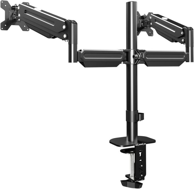 Photo 1 of Pholiten Dual Monitor Stand, Dual Monitor Stand for Desk, Monitor Stands for 2 Monitors, Gas Spring Dual Monitor Arm, Dual Monitor Mount for Desk, Dual Monitor Desk Mount for 13 to 27 Inch Screens.
