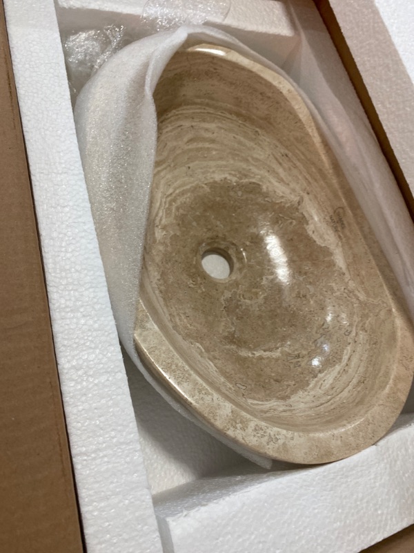 Photo 2 of Tan Travertine Chiseled Stone Bathroom Vessel Sink - Oval Canoe Shape - 100% Natural Marble, Hand Carved - Free Matching Soap Tray Travertine Stone Tan