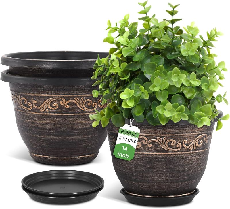 Photo 1 of Plastic-Plant-Flower-Planters-14 Inch With Drainage Hole & Saucer, 3 Packs Lightweight Small Resin Flower Pot Indoor Outdoor, Retro Antique Imitation Decorative Garden Containers Sets For Houseplants
