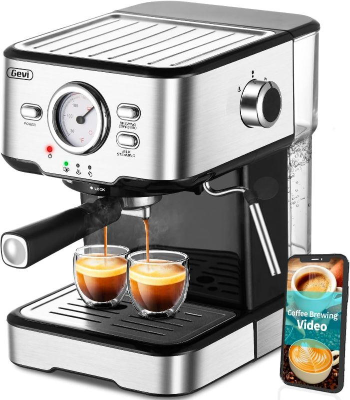 Photo 1 of Gevi Espresso Coffee Machine,Espresso Machine with Steamer, Compact Semi Espresso Maker with Milk Frother for Home, Stainless Steel Cappuccino Machine for Cappuccino, Latte, 1100W
