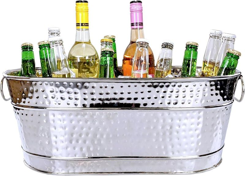 Photo 1 of BREKX Stainless-Steel Oval Ice Bucket & Drink Cooler for Parties, Hammered Stainless Steel Finish Ice Tub, Sealed to be Leak-Resistant & Rust-Proof with Handles - 15 Quarts (4 Gallon Bucket)
