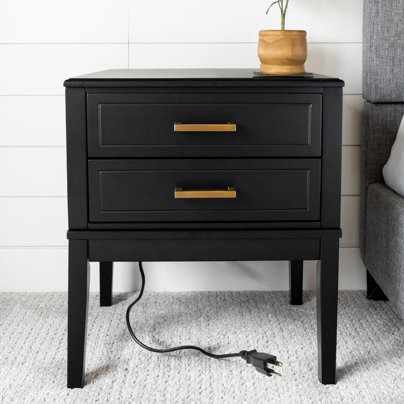 Photo 1 of 2 Drawer Side Table with Charging Station - Mid Century Modern with Polished Gold Handles, 2 USB Ports & 2 Outlets - Multifunctional Smart Bedside Table Nightstand for Your Home - (Black)
