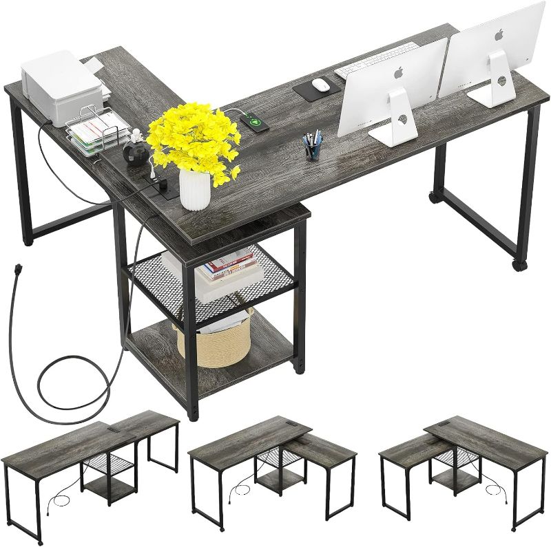 Photo 1 of armocity L Shaped Desk with Outlets and USB Ports, 360° Rotating L-Shaped Desk, 71 Inch Reversible Computer Desk with Adjustable Storage Shelves, Modern Large Corner Desk for Workstation, Grey
