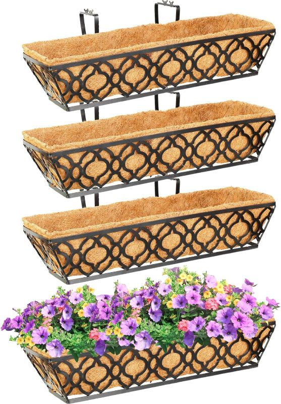 Photo 1 of Y&M 4pcs 24 Inch Window Deck with Coconut Coir Liner, 24" Railing Planter Horse Trough Coco Basket Boxes Metal Hanging Flower Balcony for Outdoor Garden Fence Lawn
