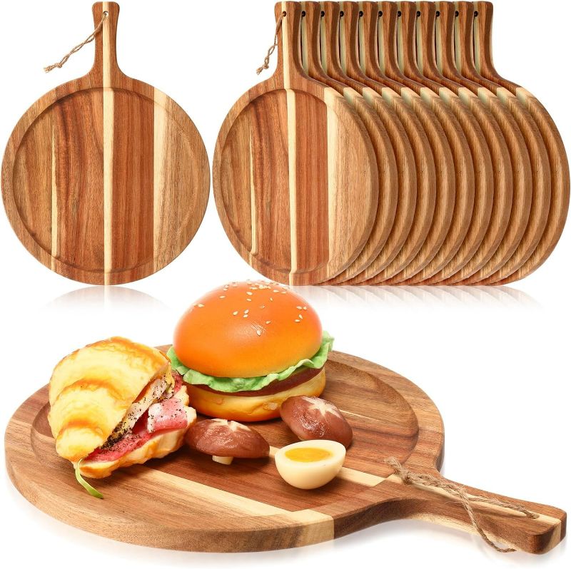 Photo 1 of Tanlade 12 Pieces Acacia Wood Cutting Board with Handle, Wooden Serving Board, Round Kitchen Chopping Boards Pizza Tray Paddle for Bread, Cheese Charcuterie, Fruit, Vegetables
