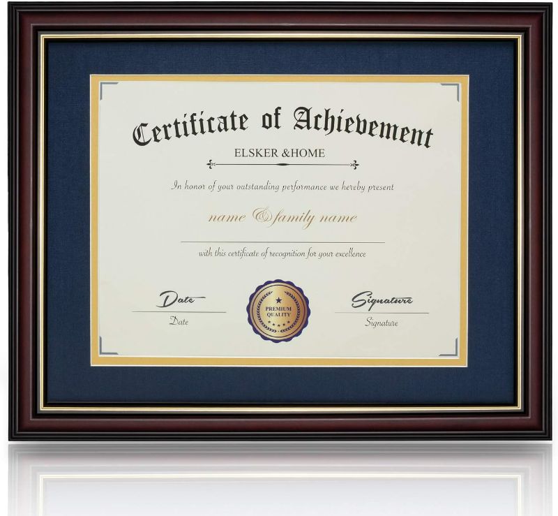 Photo 1 of ELSKER&HOME 8.5x11 Document Frame - Matte Reddish Brown Wood Color Frame - Made for Certificates Sized 8.5x11 Inch with Mat and 11x14 Inch Without Mat (Double Mat, Navy with Golden Rim)
