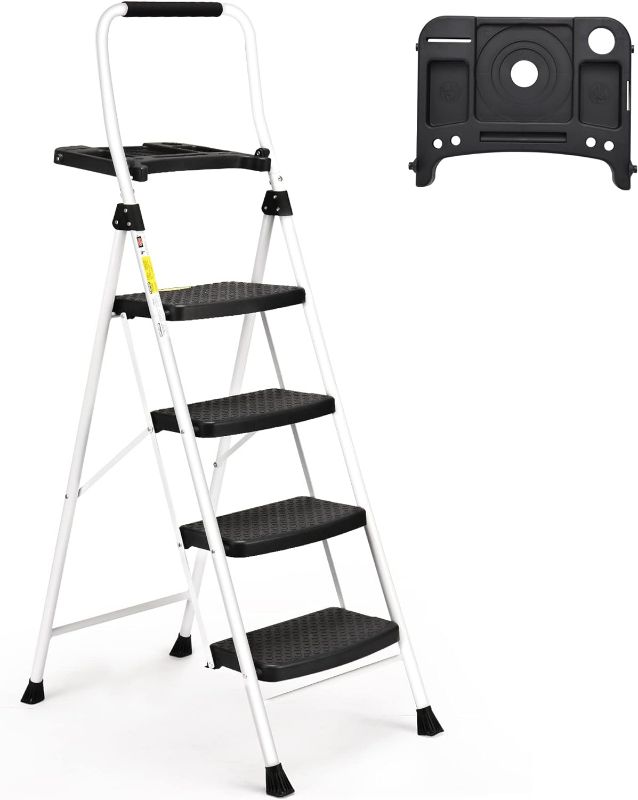 Photo 1 of SocTone 4 Step Ladder, Folding Step Stool with Tool Platform, Sturdy& Portable Steel Ladder for Adults, 330LBS Capacity Ladder for Home Kitchen Pantry Office,
