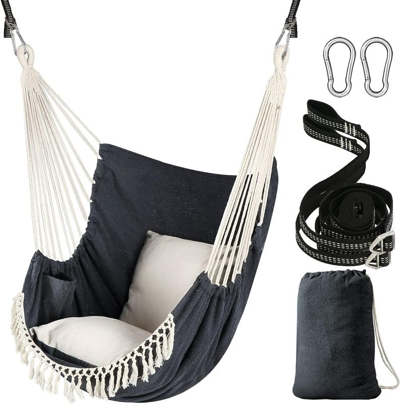 Photo 1 of Chihee Hammock Chair Hanging Swing 2 Pillows Included,Strong Webbing Straps and Hooks for Easy Hanging Soft Cotton Hanging Chair Side Pocket Tassel Chair Comfort Indoor Outdoor Dark Grey
