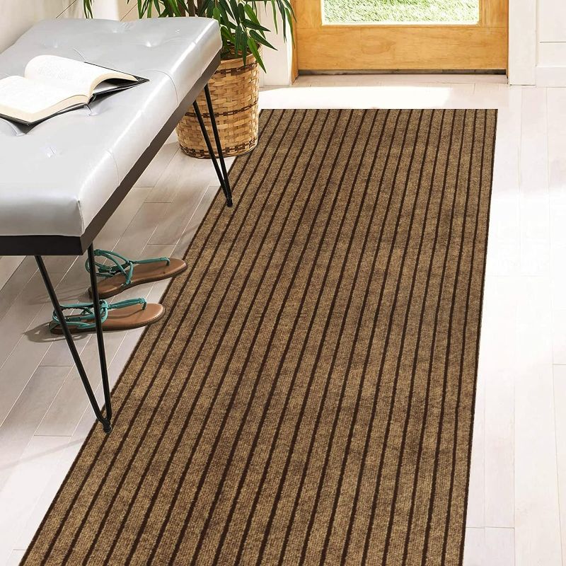 Photo 1 of 2' x 6' Runner Rugs with Rubber Backing, Indoor Outdoor Utility Carpet Runner Rugs, Stripe Brown, Can Be Used as Aisle for The RV and Boat, Laundry Room and Balcony Stripe Brown 2 ft x 6 ft