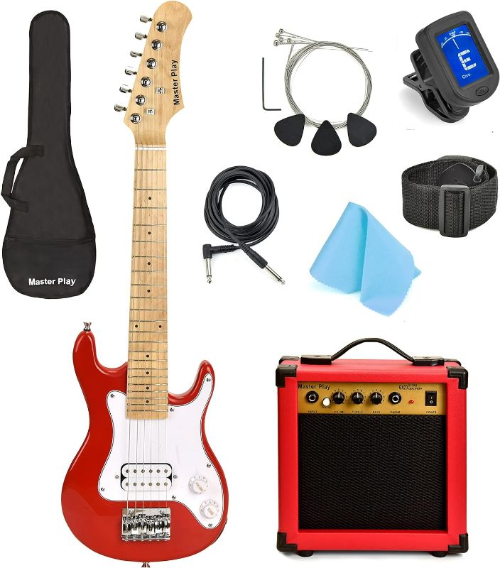 Photo 1 of Master Play 30 Inch Electric Guitar,For Kids/beginner With Complete Starter Kit, 20 Watt Amp, 6 Extra String, Picks, Gig Bag, Shoulder Strap, Digital tuner, Cable, Wash Cloth Red
