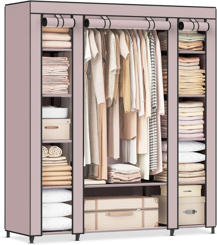 Photo 1 of SONGMICS Closet Wardrobe, Portable Closet for Bedroom, Clothes Rail with Non-Woven Fabric Cover, Clothes Storage Organizer, 59 x 17.7 x 69 Inches, 12 Compartments, Dusty Pink ULSF003P02
