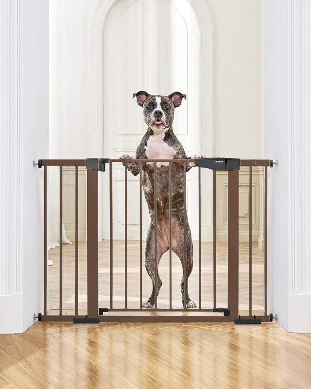 Photo 1 of Cumbor 29.7-46" Baby Gate for Stairs, Mom's Choice Awards Winner-Auto Close Dog Gate for the House, Easy Install Pressure Mounted Pet Gates for Doorways, Easy Walk Thru Wide Safety Gate for Dog, Brown

