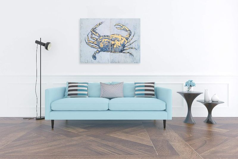 Photo 1 of Yihui Arts Coastal Canvas Wall Art Set Of Two Hand Painted Blue and White Crab Paintings Modern Abstract Animal Nautical Artwork with Gold Foil for Living Room Bedroom Bathroom Nursery Decor
