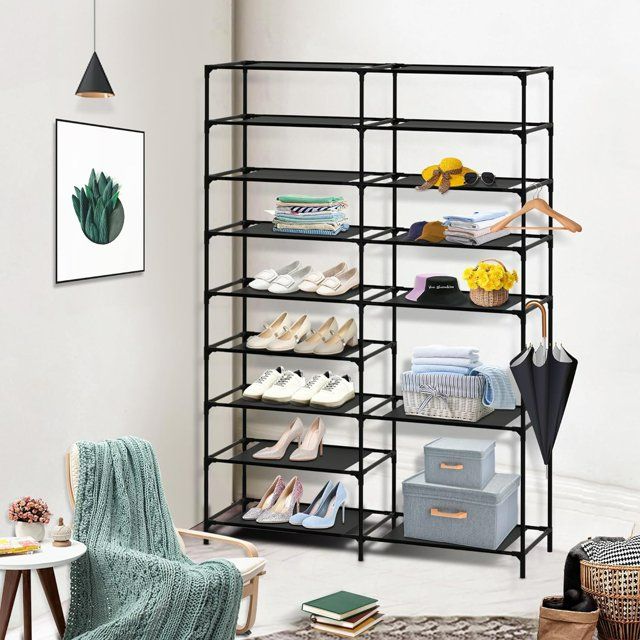 Photo 1 of Shoe Rack Organizer, 26-28 Pairs Shoe Storage Shelf, 2 Rows 9 Tier Fabric Shoes Rack, Tower Unit Shelf Durable Metal Pipes With Plastic Connectors Stackable Shoe Cabinet Black
