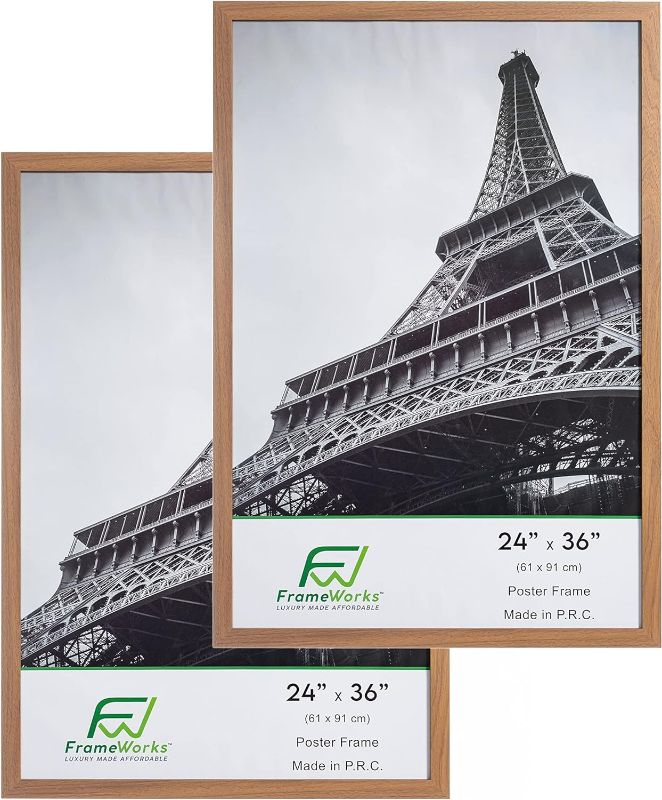 Photo 1 of FrameWorks 24” x 36” 2-Pack Golden Oak Back-Loading Wooden Poster Frame with Classic Edges
