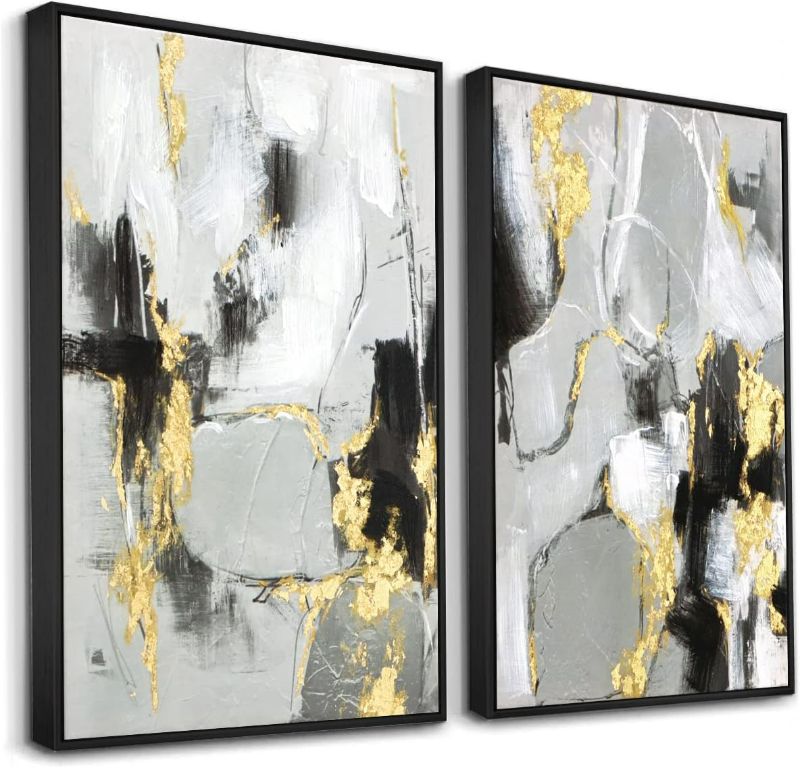 Photo 1 of Zessonic Black Abstract Wall Art Decor - 2 Pack 24" x 36" Black and Gold Canvas Wall Decor with Hand Texture for Living Room, Bedroom, Office, Framed, Ready to Hang
