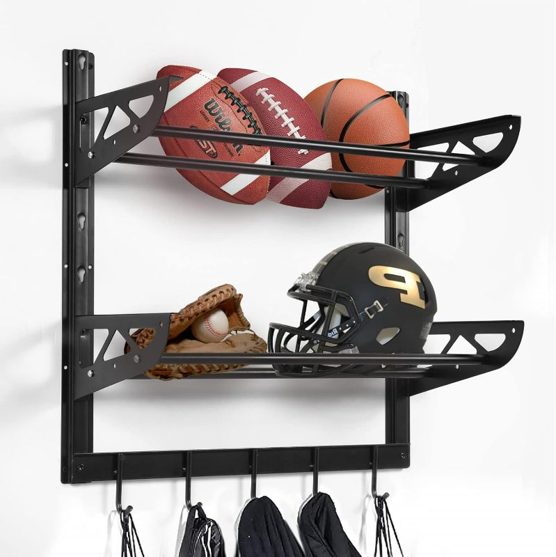 Photo 1 of Wallmaster Garage Sports Equipment Organizer Ball Storage Rack Wall Mount Adjustable 2 Layers Steel Black Sports Gear Storage Holder with 5 Hooks
