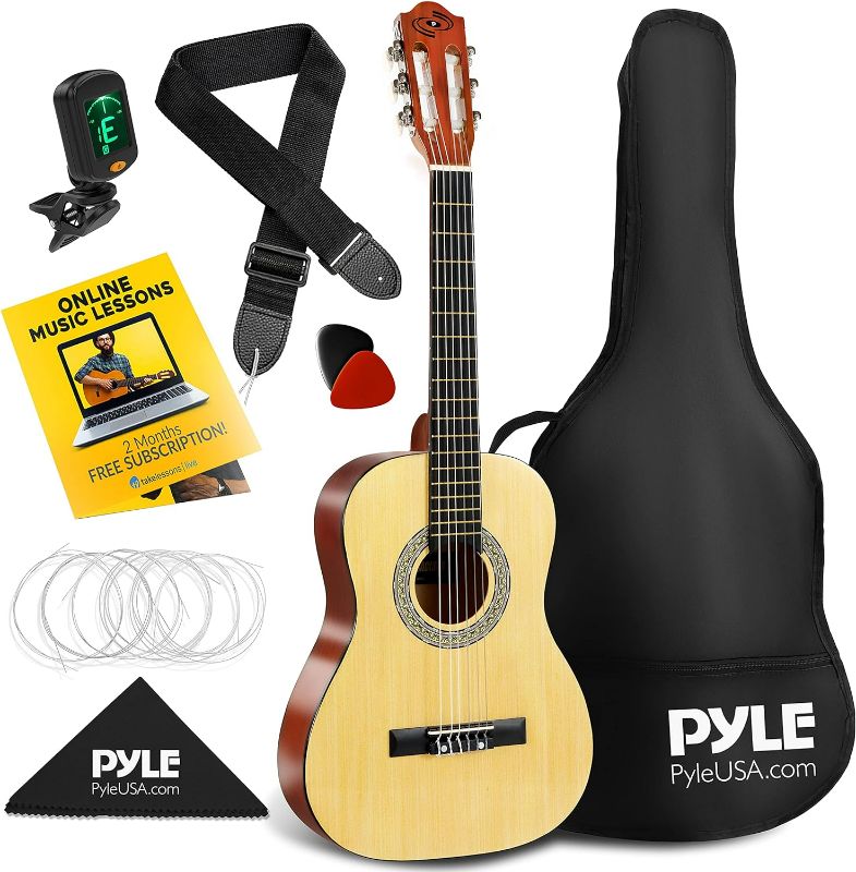 Photo 1 of ONLY GUITAR,  Pyle Beginner Acoustic Guitar Kit, 1/2 Junior Size All Wood Instrument for Kids, Adults, 34" Natural Ash