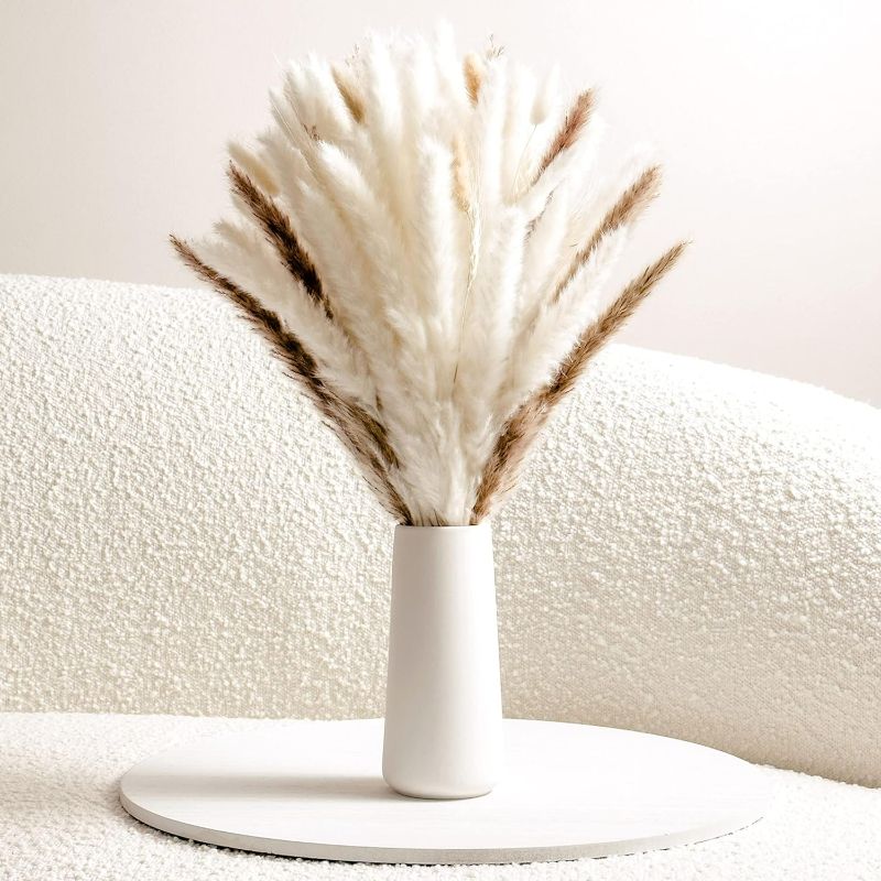 Photo 1 of Pampas Grass Decor Aesthetic Home Beige Ivory and White Pampas  Dried Plants Bunny Tails Minimalist Boho Style, Modern Ceramic Vase Included
