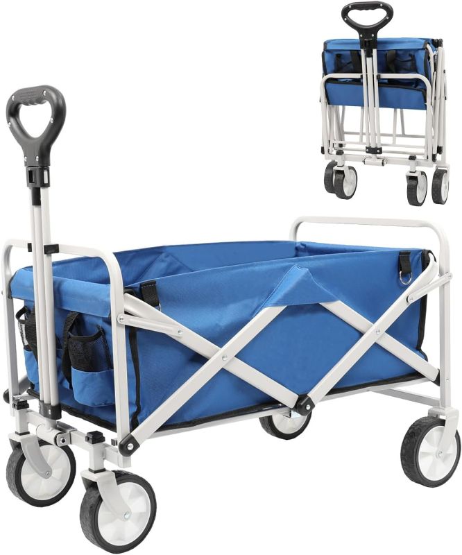 Photo 1 of Wagon, Collapsible Folding Outdoor Utility Wagon, Garden Carts for Sports, Shopping, Camping (Blue)
