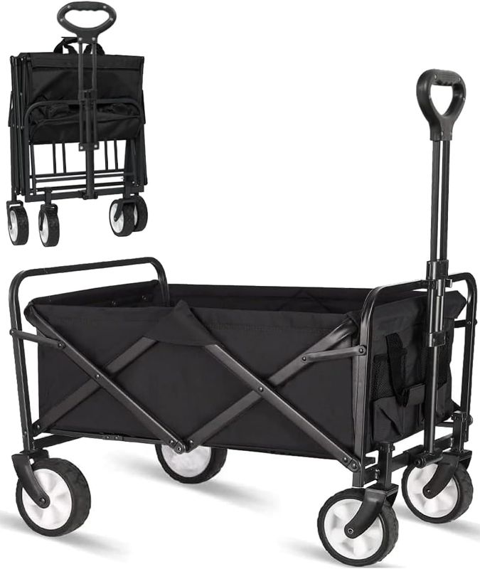Photo 1 of iHomey Collapsible Folding Outdoor Utility Wagon, Beach Wagon Cart with All Terrain Wheels & Drink Holders, Portable Sports Wagon for Camping, Shopping, Garden and Beach (Black)
