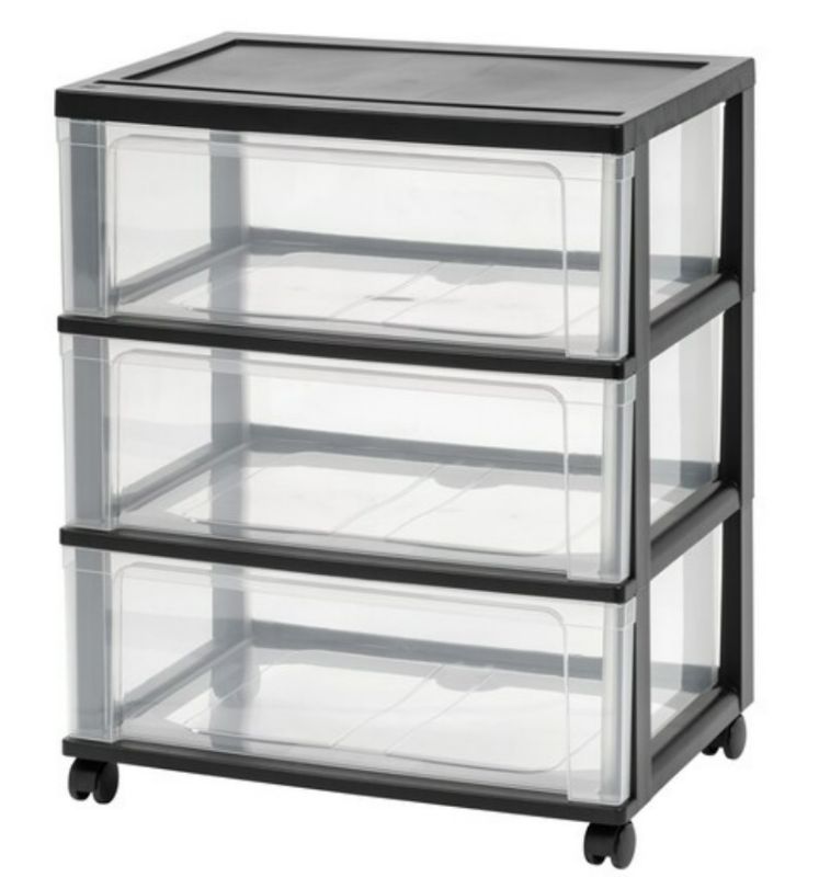 Photo 1 of IRIS USA Plastic 3 Drawer Wide Storage Cart with Caster Wheels, Black
