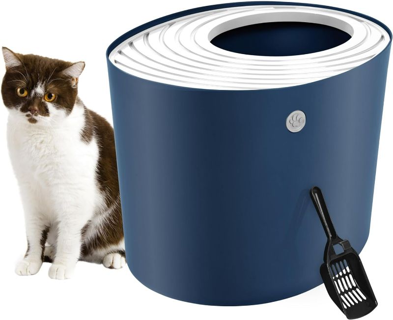 Photo 1 of IRIS USA Large Stylish Round Top Entry Cat Litter Box with Scoop, Curved Kitty Litter Pan with Litter Particle Catching Grooved Cover and Privacy Walls, Navy/White
