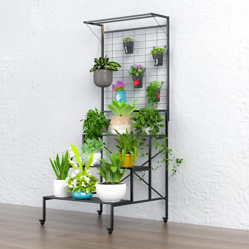 Photo 1 of Zhongma 3 Tier Large Heavy Duty Plant Stand with wheels, Tall multi layer Plant Holder with Hanging Plant pot shelf, 35.43 x 33.27 x 80.7inch, Each Tier: 35.43 L x 10.5W, Easy to Hold Large Plant Pot
