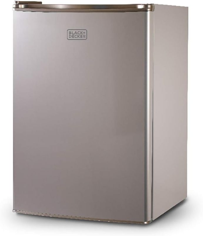 Photo 1 of BLACK+DECKER BCRK25V Compact Refrigerator Energy Star Single Door Mini Fridge with Freezer, Cubic Feet, VCM, 2.5 cu.ft, Brushed Metal Finish,Grey
