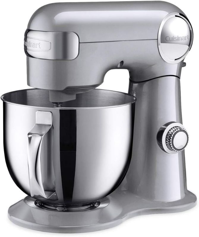Photo 1 of Cuisinart Stand Mixer, 12 Speeds, 5.5-Quart Mixing Bowl, Chef's Whisk, Flat Mixing Paddle, Dough Hook, and Splash Guard with Pour Spout, Silver Lining, SM-50BC, Silver Lining
