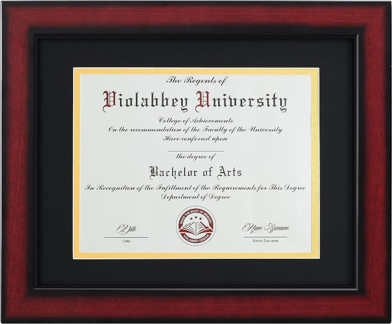 Photo 1 of VIOLABBEY Diploma Frame 11x14 Degree&Document with Black Gold Double Mat or 15x18 Picture without Mat, Smooth Cherry Wood Grain Finish, Wall Mounted Display, Tempered Glass Cherry Red with Black Rim