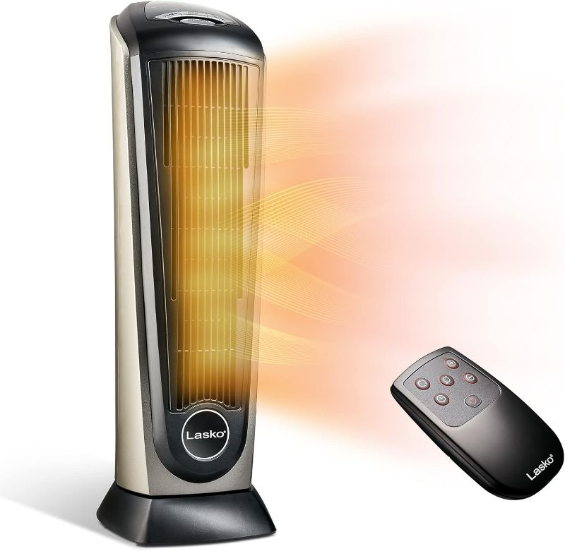 Photo 1 of Lasko Oscillating Ceramic Tower Space Heater for Home with Adjustable Thermostat, Timer , 22.5 Inches, Grey/Black, 1500W, 751320
