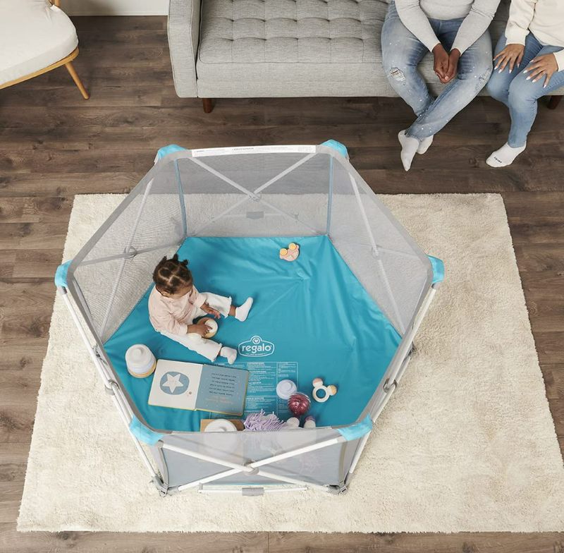 Photo 2 of Regalo My Portable Play Yard Indoor and Outdoor, Washable, White/Gray/Teal, 6-Panel
