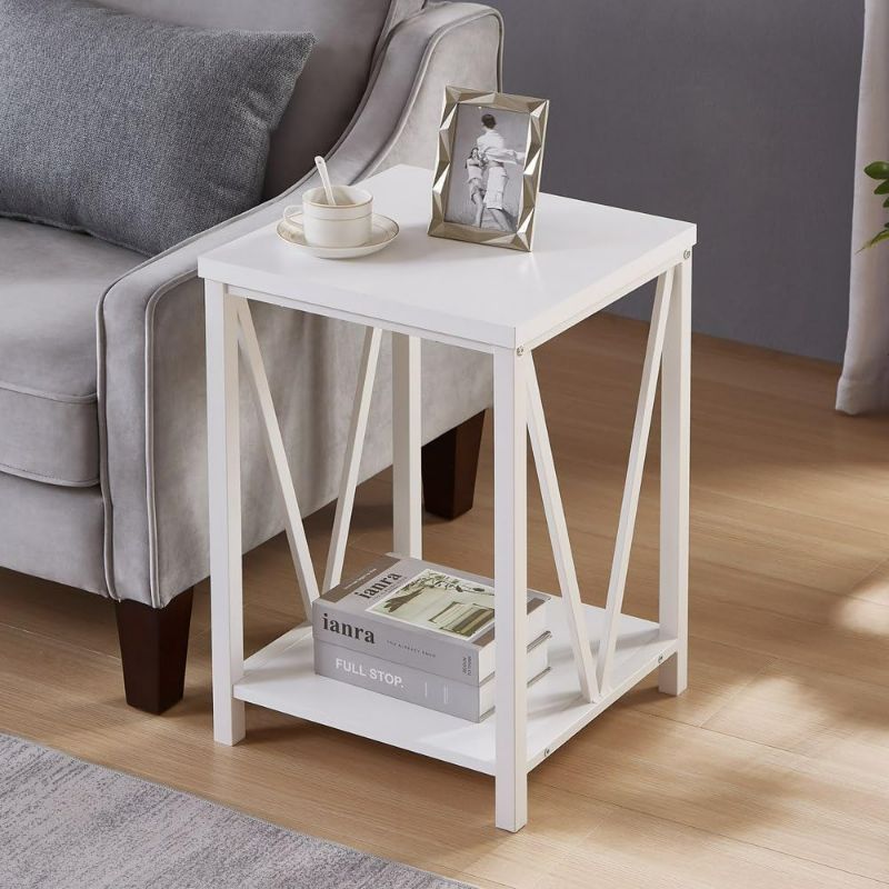 Photo 1 of EXCEFUR Rustic Side Table, Square End Table for Living Room, Wood and Metal Nightstand for Bedroom, White Oak
