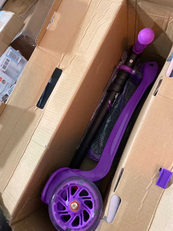 Photo 2 of 3 Wheeled Scooter for Kids - Stand & Cruise Child/Toddlers Toy Folding Kick Scooters w/Adjustable Height, Anti-Slip Deck, Flashing Wheel Lights, for Boys/Girls 2-12 Year Old - Hurtle HURFS56 Purple