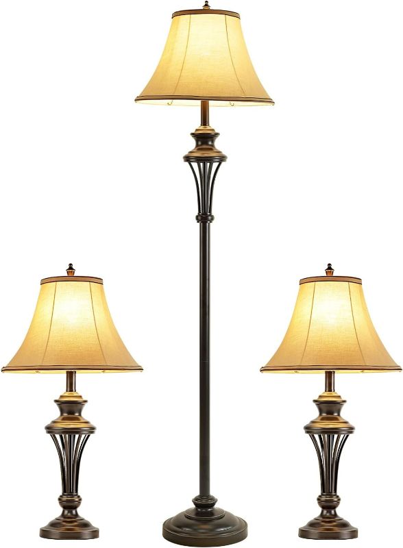Photo 1 of Smeike 3 Pack Lamp Set (2 Table Lamps, 1 Floor Lamp), 3-Piece Vintage Style Table and Floor Lamp Set in Bronze Finish with Brown Fabric Lamp Shades, 26" and 61"(H), Solid Iron
