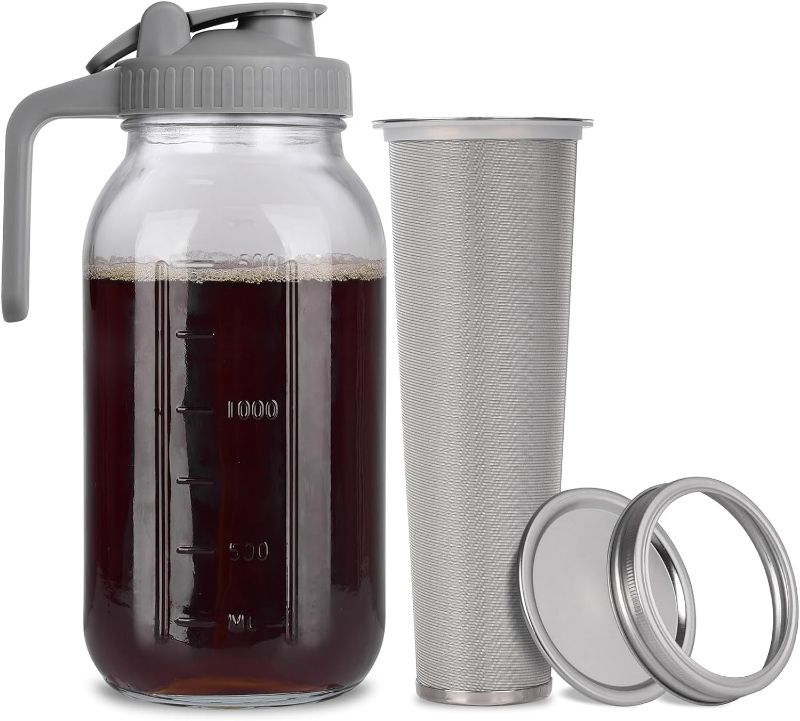 Photo 1 of Cold Brew Mason Jar iced Coffee Maker, Durable Glass, - 3cups , With Handle& Stainless Steel Filter for Iced Brew Coffee, Lemonade, Ice Tea, Homemade Fruit Drinks Container
