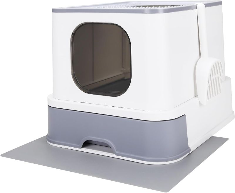 Photo 1 of RIZZARI Millions Sold Wordwide Cat Litter Box, Large Top Entry Anti-Splashing Litter Box with Lid, Enclosed Plastic Cat Litter Box with Handy Litter Scoop, Drawer Type Cat Toilet (Pearl White)
