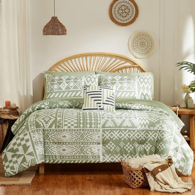 Photo 1 of Geniospin King Size Comforter Set 8 Piece, Reversible Boho Comforter Sets, Spliced Aztec Pattern, Down Alternative Bed in A Bag with Comforter, Sheets, Pillowcase & Shams (Sage Green, 102x90 Inches)
