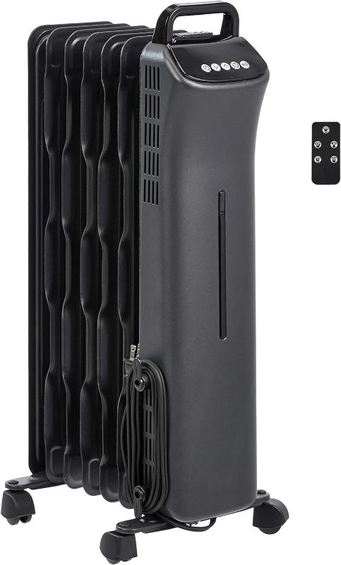 Photo 1 of Amazon Basics Portable Digital Radiator Heater with 7 Wavy Fins and Remote Control, Black, 1500W, 9.8 x 26.5 x 13.1 in
