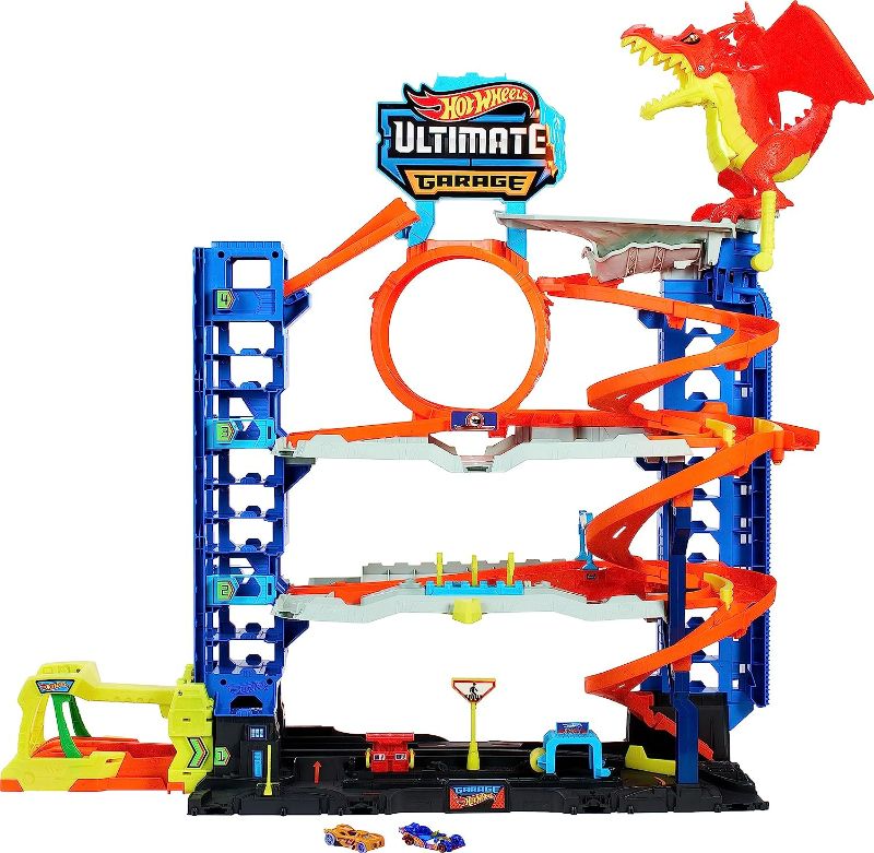 Photo 1 of Hot Wheels City Ultimate Garage Playset with 2 Die-Cast Cars, Toy Storage for 50+ 1:64 Scale Cars, 4 Levels of Track Play, Defeat The Dragon
