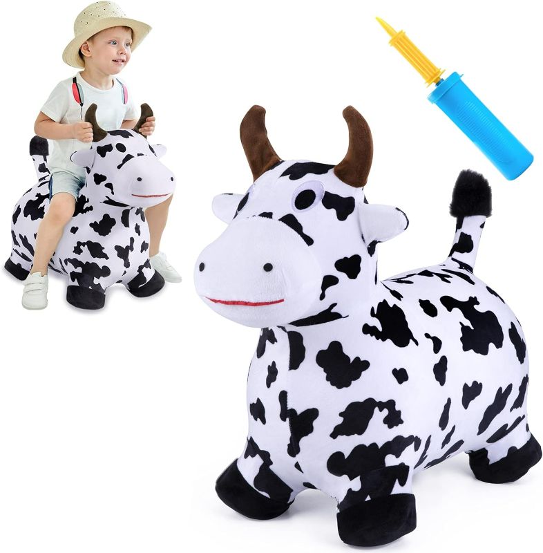 Photo 1 of iPlay, iLearn Bouncy Pals Cow Hopping Horse, Outdoor Ride on Bouncy Animal Play Toys, Inflatable Hopper Plush Covered with Pump, Birthday Gift for 18 Months 2 3 4 5 Year Old Kids Toddlers Boys Girls
